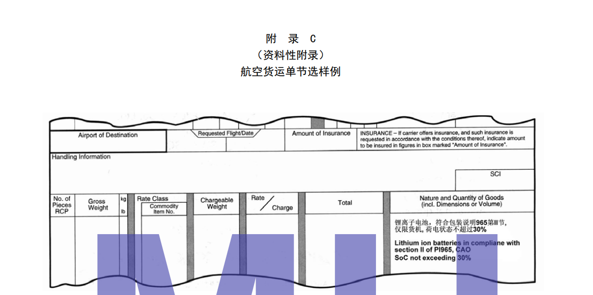 鋰電池航空貨運單樣例